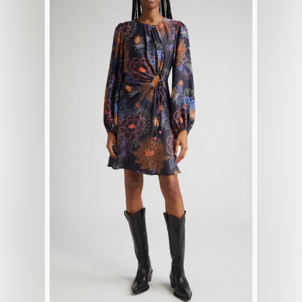 NWT $225 FARM Rio Sparkle Flowers Long Sleeve Minidress in Black - Medium!
